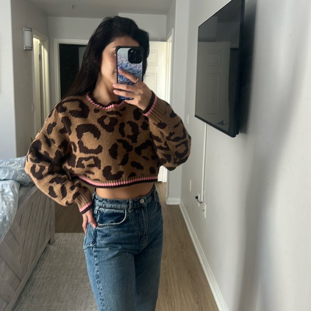 Nasty Gal Leopard Print Crop Knit Sweater